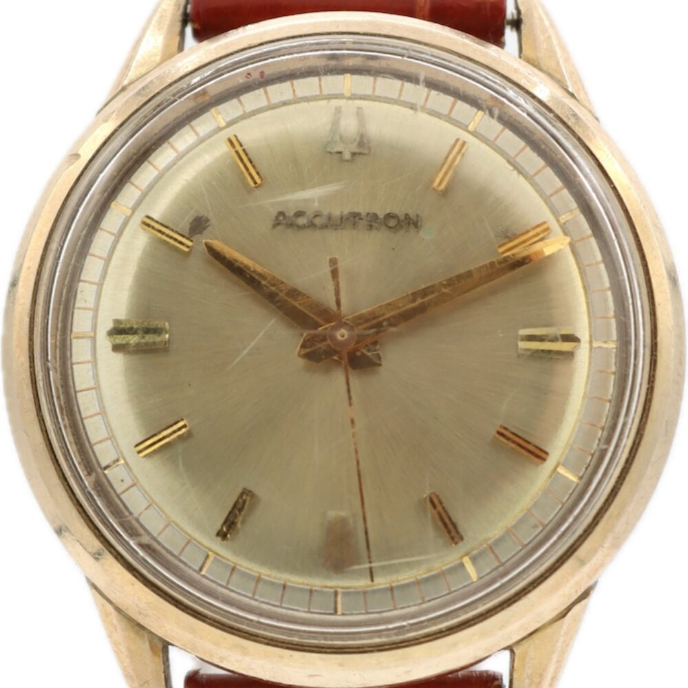 Vintage 35mm Accutron Gold Dial Men's Tuning Fork Wristwatch 218 USA 10k GF